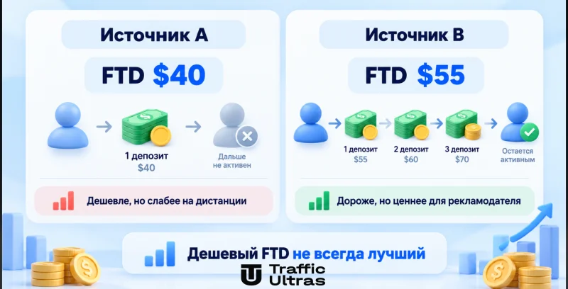 Сравнение источников трафика: дешевый FTD и ценность пользователя на дистанции