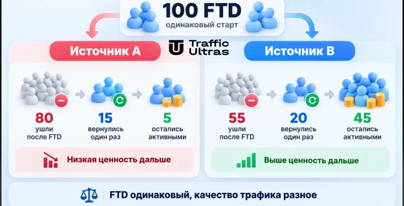 Сравнение качества iGaming-трафика после 100 FTD