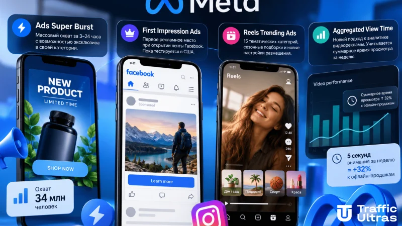 Meta представила четыре новых рекламных инструмента для Facebook и Instagram: Ads Super Burst, First Impression Ads, Reels Trending Ads и Aggregated View Time.