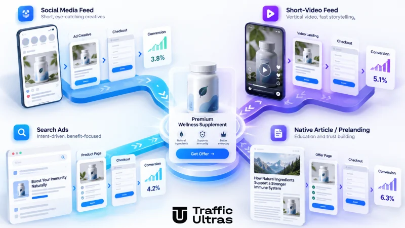 Один офер у різних джерелах трафіку: Facebook, TikTok, Google Ads, native і push