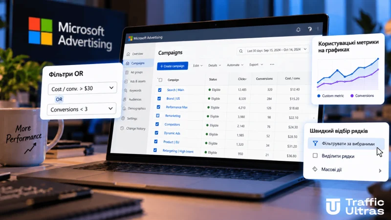 Microsoft Advertising оновила звіти: нові фільтри OR, швидкий відбір рядків і користувацькі метрики на графіках рекламних кампаній.