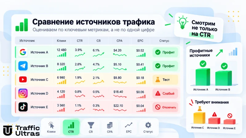 Сравнение источников трафика по CTR, CR, CPA и EPC