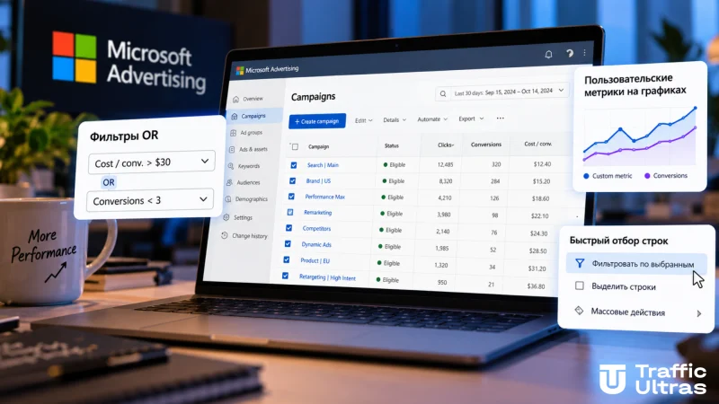 Microsoft Advertising обновила отчёты: новые фильтры OR, быстрый отбор строк и пользовательские метрики на графиках рекламных кампаний.