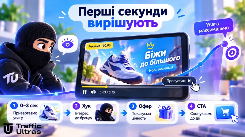 Перші секунди OLV-реклами: хук, офер і CTA до кнопки Skip