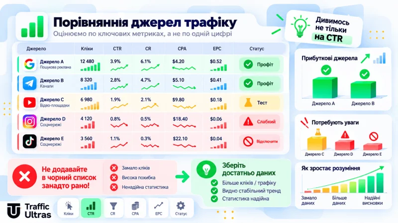 Порівняння джерел трафіку за CTR, CR, CPA та EPC