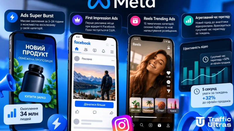Meta представила чотири нові рекламні інструменти для Facebook та Instagram: Ads Super Burst, First Impression Ads, Reels Trending Ads і Aggregated View Time.