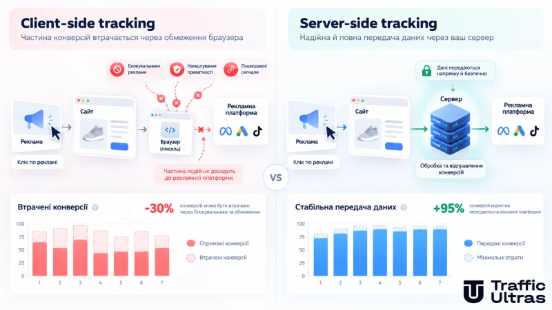 Порівняння client-side і server-side tracking в арбітражі трафіку